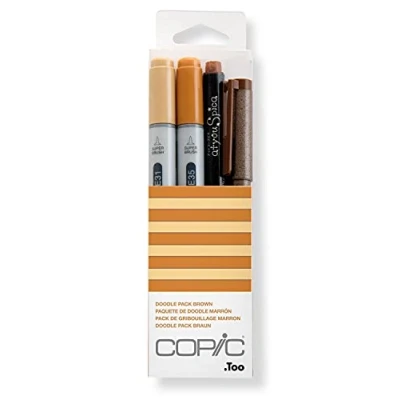 Image de Copic Ciao Set « Doodle Pack Brown », de 4 pièces avec 2 marqueurs Twin une pointe moyenne et Brush, y compris Multiliner Glitter Pen