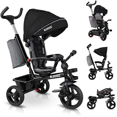 Image de KIDIZ® Tricycle 5 en 1 pour enfants avec barre à pousser Système de guidage Tige partir an marche avant et arrière sportif, panier sac porte boisson pare soleil roues caoutchouc