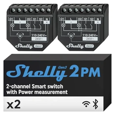 Image de Shelly 2PM Gen3 Interrupteur volet roulant connecté, 2 Canaux 16 A, Wi Fi &amp; Bluetooth, Compteur de consommation intégré, app iOS Android, puce ESP C38F, Alexa Google Home (Lot 2)
