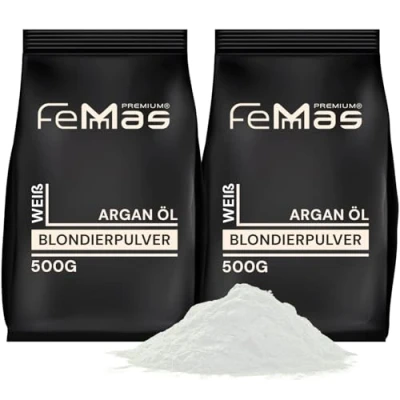 Image de FemMas poudre décolorante blanche 500g I Avec technologie Plex et huile d&#039;argan application facile décoloration uniforme forte sans poussière Éclaircissements des cheveux de 2 à 7 nuances