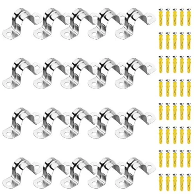 Image de 20PCS Bolatus 20mm 304 Clips de tuyau en acier inoxydable Pince tube U Sangle à deux trous avec 40 vis réglage ajustées utilisées