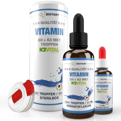 Image de Vitamine D3 + K2 Gouttes 50 ml (K2VITAL®) 99,7+% All Trans boîte stérile incluse flacon de voyage haute dose 1 000 UI = 25 µg 20 K2, testé en laboratoire