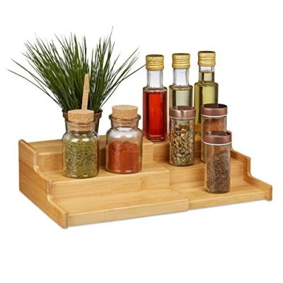 Image de relaxdays Etagère à épices en Bambou, 3 Niveaux, Extensible, Aspect Naturel, Surface de Travail, HlP 9x38x22cm,