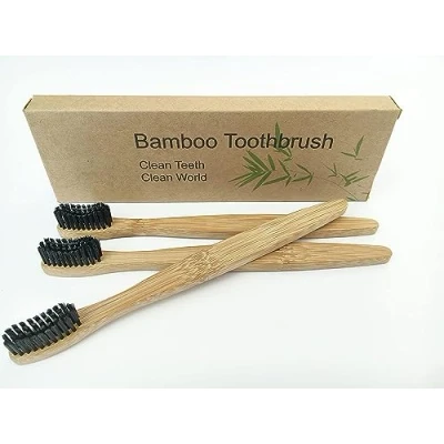 Image de Lot de 3 brosses à dents en bambou avec manche et poils charbon actif 100 % recyclables respectueux l&#039;environnement