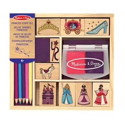 Image de Melissa &amp; Doug Tampons Princesss, Jeu de timbres en bois, Jouet créatif pour enfants 3 4 5 6 7 ans, Cadeau filles et garçons, 9 timbres, tampon d’encre deux couleurs, crayons