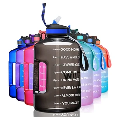 Image de ETDW Grande bouteille d&#039;eau de 2,2 l Avec pailles sans BPA Réutilisable indicateurs temps poignée solide Pour le sport, fitness, l&#039;air libre, la randonnée Noir