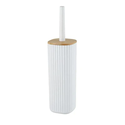 Image de WENKO Kit d&#039;accessoires pour WC Rotello, support fermé brosse (incluse) avec couvercle en bambou, structure cannelée, Ø 10 x 36 cm, tête de interchangeable, blanc/couleur naturelle