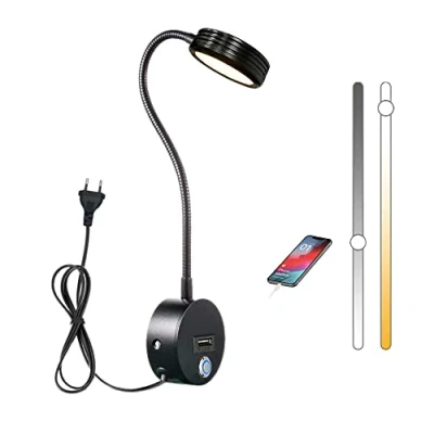 Image de LED Lampe de Lecture Chevet Murale, Applique avec Port USB et Tactile Interrupteur, 5W à Col Cygne Flexible Chambre, Enfants Intérieure Dimmable Liseuse Prise 2700K 6500K (Noir)