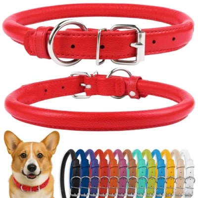 Image de CollarDirect Collier de Chien en Cuir roulé, Chiot Rond rembourré Doux, véritable Fait à la Main pour Petit Grand Chat (30 35 cm, Rouge texturé)