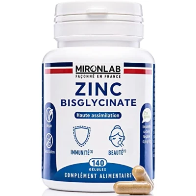 Image de Zinc Bisglycinate Naturel 40mg + Vitamines B2 B3 B6 Dosage Optimal &amp; Haute Assimilation Testés 140 Gélules 5 mois de cure Complément Alimentaire Laboratoire Français MIRONLAB