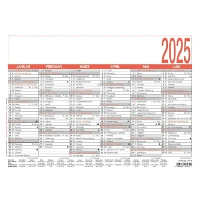 Image de Zettler calendrier des jours 2025 blanc/rouge, 29,7 x 21 cm, affiche avec aperçu de l&#039;année, 6 mois sur 1 page, du nom, ouvrables, et semaines allemand