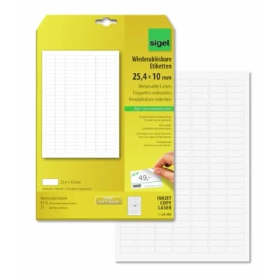 Image de SIGEL La202, 4725 Étiquettes Multifonctions, Amovibles, Format 2,54 X 1 cm, pour Jet d&#039;encre/Laser/Copieur, 25 Feuilles, Blanc