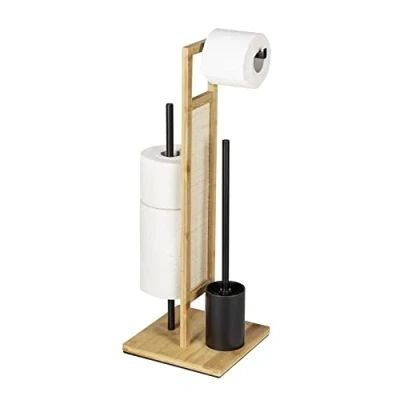 Image de Wenko Stand Rivalta Allegre Ensemble WC Autoportant avec Brosse Et Porte Rouleaux de Rechange en Bambou, Rotin Acier Laqué Noir Mat, 25 X 73 Cm, Naturel