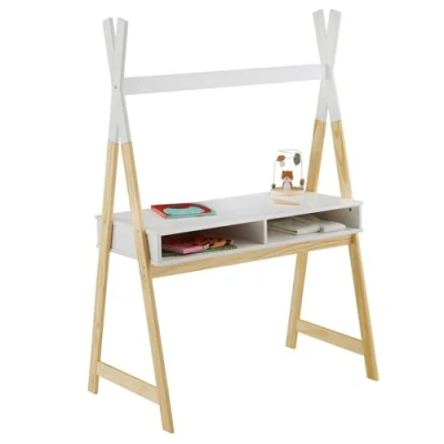 Image de IDIMEX Bureau Enfant SIMI Petit en Forme de tipi Type Montessori, avec 2 niches, pin Massif Naturel et Blanc