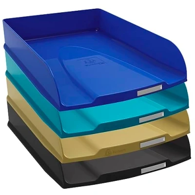 Image de Exacompta Réf. 111505SETD Set de 4 corbeilles à courrier COMBO STYLI NeoDeco dim 34,6 x 25,5 24,3 cm pour format A4+ couleurs assorties bleu canard, France, noir, or cuivré