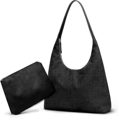Image de Sac Porté Épaule Femme en Daim Cuir Souple Fourre Tout Rétro Grande Capacité a Main Hobo Bandoulière avec Fermeture Éclair 2Pcs Set (Noir)