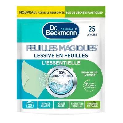 Image de Dr. Beckmann feuilles MAGIQUES Lessive en L&#039;ESSENTIELLE Format pré dosé, pratique et léger 100% hydrosoluble, facile à utiliser ranger 25 feuilles, Bergamote