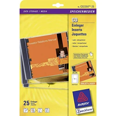 Image de Avery Zweckform C32250 25 Jaquettes CD feuilles Carte microperforée Pour imprimantes laser et à jet d&#039;encre 185 g 151 x 118 mm (Import Allemagne)