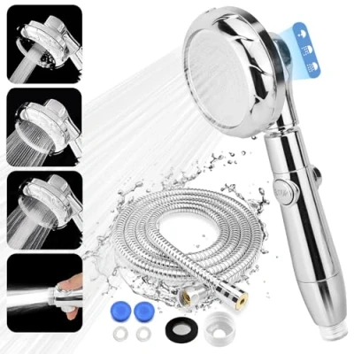 Image de Pommeau de Douche, Douche Economie d&#039;eau avec Tuyau 2M, Universelle Douchette Salle Bain Haute Pression à 3 Modes, Pomme Anti Calcaire Bouton l&#039;interrupteur,Chromé