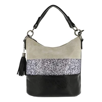 Image de Sac à Main Bandoulière Femme Paillettes Sacoche Messenger Porté Epaule Multicolore Rayures Besace Bandes Anse Large Strass Brillant Soirée Mariage PU Cuir Souple Chic Tendance Gris Noir
