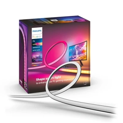 Image de Philips Hue White and Color, Lightstrip Play gradient PC pour écran 32 34 pouces, synchronisation de la lumière avec le jeu Sync, fonctionne Alexa, Google Assistant et Apple Homekit