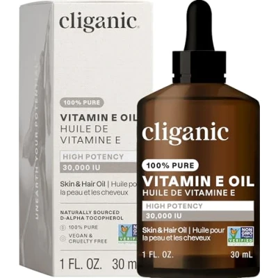 Image de Huile Cliganic 100% pure à la vitamine E pour peau, les cheveux et le visage 30 000 UI, vérifiée sans OGM D alpha tocophérol naturel