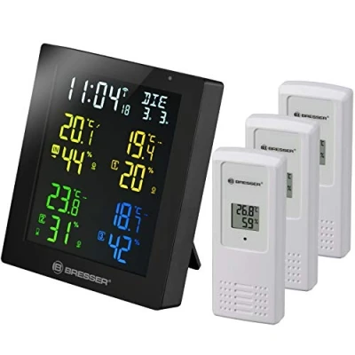 Image de Bresser Thermomètre et hygromètre Clima Temp Hygro Quadro Colour avec 4 points de mesure différents, 3 capteurs extérieurs, noir
