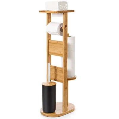 Image de Yorbay Porte Papier Toilette sur Pied, Distributeur en Bambou, avec Support Smartphone, Brosses WC et Supports (Noir)