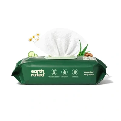 Image de Earth Rated, Lingettes pour chiens, Épaisses et à Base de Plantes un Toilettage Facile des Pattes, du Corps Fesses, Non parfumées, 100 unités