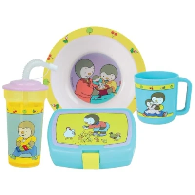 Image de T&#039;CHOUPI LOT VAISSELLE POUR ENFANT AVEC 1 ASSIETTE CREUSE Ø16 CM, MUG 350 ML, GOBLET PAILLE 400 ML ET BOITE GOUTER REUTILISABLE