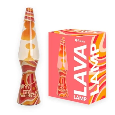 Image de fisura. Lampe à lave “go with the flow. Base multicolore, orange. rétro avec ampoule de rechange. 11,5 centimètresx 40 centimètres.