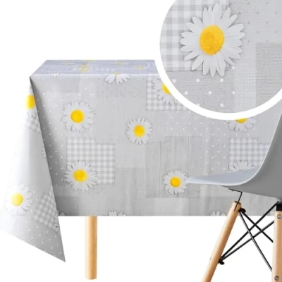 Image de KP HOME Nappe Toile Cirée Rectangulaire 140x250 cm, Plastique Facile à Nettoyer Jusqu&#039;à 8 Places, PVC Cirée Étanche Vinyle, Design Patchwork, Fleurs de Camomille Grises Marguerites