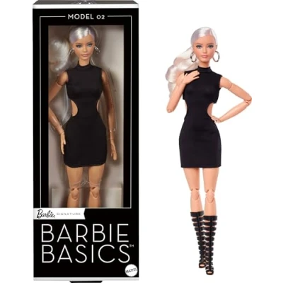 Image de Barbie Basics poupée modèle 2 de Collection Blonde avec Petite Robe Noire et Bottes à Lacets, Corps articulé tête Interchangeable, JBH71