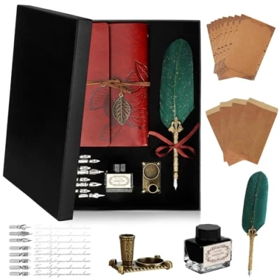 Image de KIMIGO Stylo Dip à Plume Set,Set de Calligraphie Vintage avec porte stylo,carnet en cuir,encre,8 pointes rechange,porte stylo,papier lettres et enveloppes,set d&#039;écriture pour idées cadeaux