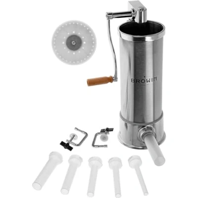 Image de Browin 311006 Machine à Saucisses Verticale 5 kg Poussoir a Saucisse Manuel en Acier Inoxydable avec 6 Tubes de Remplissage Dimention différentes Pour Maison et Utilisation Commerciale