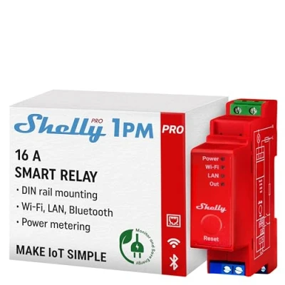 Image de Shelly Pro 1PM Relais interrupteur connecté 16A sur rail DIN, Éclairage sans fil, Compteur de consommation intégré, LAN, Wi Fi &amp; Bluetooth, Alexa Google Home, App iOS Android