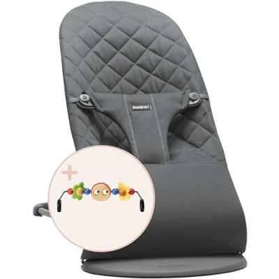 Image de BabyBjörn Transat Bliss, Tissé, Matelassage Classique, Anthracite avec Arche de Jeux Yeux Espiègles