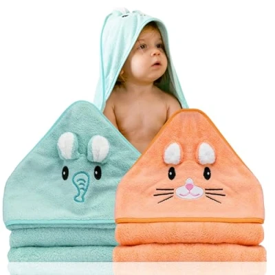Image de Lot de 2 serviette bain a capuche bebe Idée Cadeau Naissance Garçon Cape animaux 0 3 ans Sortie douce Originale Cadeaux pour Nouveau né
