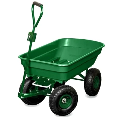 Image de Chariot de Jardin 4 Roues 120 Kg Benne Basculante 52 L Fonction Brouette Remorque avec Attelage Tracteur Tondeuse Capacité Basculée 80 Pneus Gonflables Profilés 23 cm