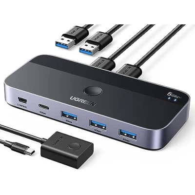 Image de UGREEN Switch USB 3.0 C 4 Ports Commutateur KVM pour 2 PC Entrées Sorties 5Gbps Clavier Souris Disque Dur Imprimante avec Contrôle du Bureau et Câbles Inclus