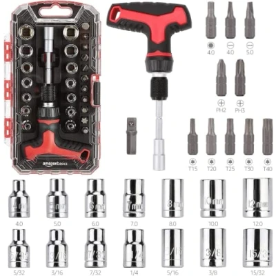 Image de Amazon Basics Coffret tournevis 27 pièces, clé à cliquet avec manche magnétique en T, Noir/Argenté/Rouge