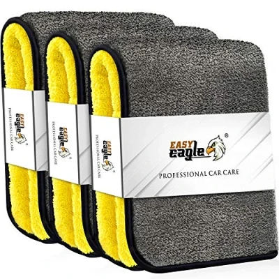 Image de EASY EAGLE Chiffons de Polissage en Microfibre 1200GSM, pour Auto Motocyclette et Machine à Polir Les Voitures, 38x44 CM, Jaune Gris avec Borde Noir, Pack 3