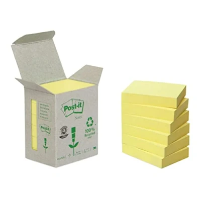 Image de Post it Notes Recyclées, Mini Tour, Jaune, 38 mm x 51 mm, 6 Blocs, 100 Feuilles/Bloc Autocollantes pour Prise de Notes, Listes Tâches et Rappels
