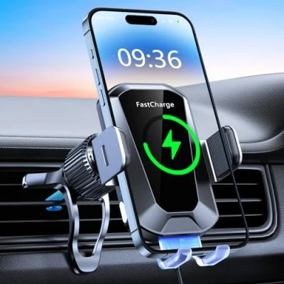 Image de EOIWUY Support Telephone Voiture Induction, 15W Chargeur Induction Rapide sans Fil 【Serrage Automatique &amp; Rotation 360】 Compatible avec iPhone 16 Pro Max/15/14/13/12, Galaxy S24/S23/S22, etc