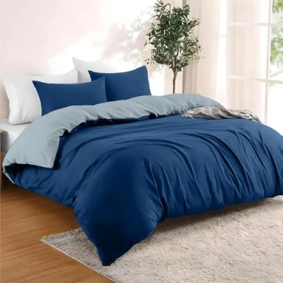 Image de Dreamzie Housse de Couette 200x200 cm avec 2 Taie Oreillers 50x70 Bleu Foncé/Bleu Gris Parure Lit en 100% Microfibre 3 Pièces Certifié sans Produits Chimiques (Oeko TEX)