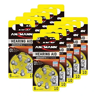 Image de ANSMANN Piles auditives 10 (60 pièces) bouton type P10 ZL4 PR70 pour aides plates appareils auditifs, amplificateurs sonores, prothèses Jaune