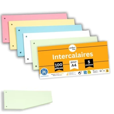 Image de perfect line 100 Intercalaires classeur A4, Forme trapézoïdale, bandes de séparation en carton recyclé, Fabriqué Allemagne, separateur 5 couleurs, perforés