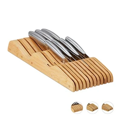 Image de Relaxdays Porte Couteaux, pour 11, tiroir, Vide, à Poser, Plat, en Bambou Naturel, HLP: 5 x 14,5 40 cm, Couleur Nature