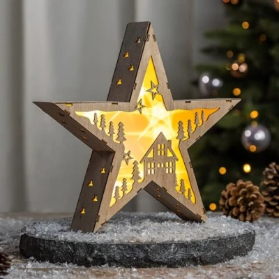 Image de Spetebo Étoile de Noël LED en bois 30 cm Motif : maison Présentoir décoratif blanc chaud éclairé Avent hiver étoile table Éclairage à piles