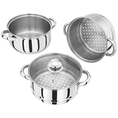Image de Judge Essentials Cuit vapeur en inox HX02 3 niveaux dont 1 fait tout couvercle verre avec trou compatible induction/four garantie 25 ans 18 cm
